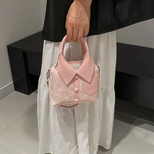 Pink shirt-shaped leather handbag with collar and buttons for fashion commuting