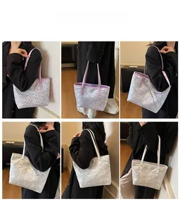 Multiple views of lavender and beige plaid tote bags shown on model for size and style