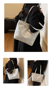Detailed views of a white plaid tote bag showing crossbody and handheld styling on a model