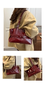 Three-view display of wine red glossy patent leather tote bag with stylish buckle detail