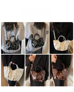 Collage of French ruched cloud bag in black, cream, and brown showing multiple carrying ways