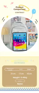 Size chart showing large capacity nylon backpack dimensions 31x17x45cm with weight details