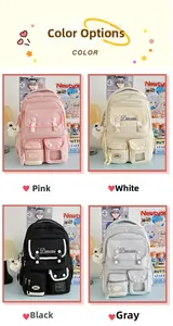 Detail of four colorful nylon backpacks with multiple pockets and cute plush pendants