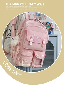 Pink multi-pocket waterproof nylon backpack for students featuring functional compartments