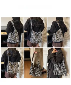 Leopard print canvas tote bag shown in multiple angles on model for daily styling