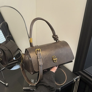 Vintage PU Leather Square Handbag For Women Retro Metal Lock Crossbody Shoulder Bag With Knot Handle Daily Commuting Bag