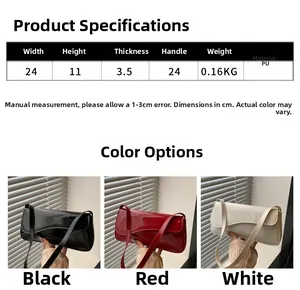 Detail view of glossy PU leather underarm bag showing size specs and color options