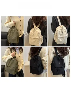 Collage of minimalist small backpacks in olive, beige, and black on a model