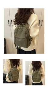 Detailed views of army green lightweight nylon backpack with multi-pocket design and strap handle