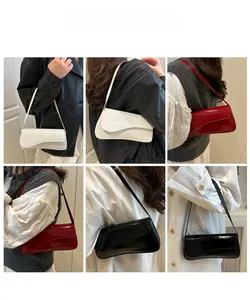 Detailed views of women patent leather shoulder bags in white, burgundy, and black finishes