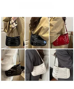 Detailed views of vintage rivets on various colors of the retro square shoulder bag