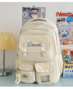 Detail of off-white multi-pocket student backpack with Duoman embroidery and card slot