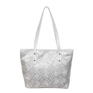 Ethnic Zhuang brocade tote bag in silver-white featuring geometric embroidery and metal rivets