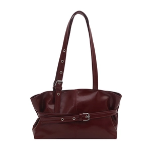 Burgundy glossy patent leather tote bag with stylish belt buckle and large capacity