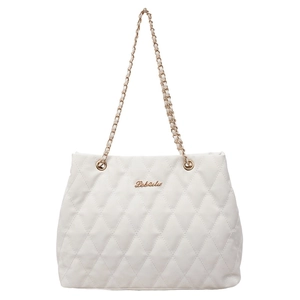 Chic cream quilted shoulder bag with golden chain strap and logo on a white background