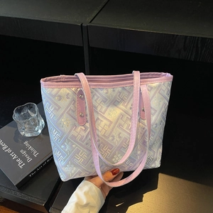 Women Large Capacity Jacquard Fabric Tote Bag Geometric Flower Pattern Rivet Shoulder Bag For Daily Commuting Street Style