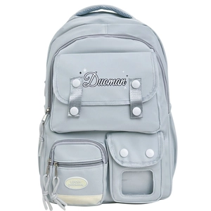 Light blue multipurpose college backpack with functional compartments and matte nylon texture