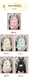 Detailed collage of school backpacks in five colors with polka dots and bow decorations