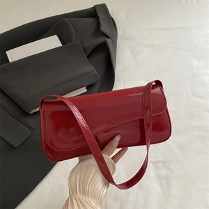 Women Glossy Patent Leather Baguette Bag Trendy Minimalist Wave Flap Underarm Shoulder Bag Daily Commute Fashion
