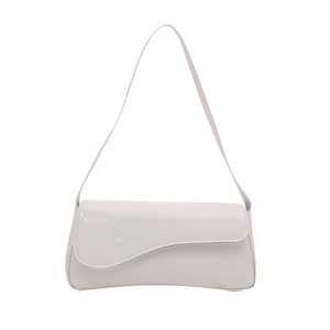 Glossy white patent leather shoulder bag with asymmetrical wave flap for women
