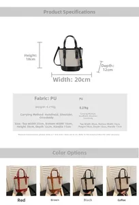 Detailed size specifications and weight info for the two-tone canvas bucket handbag