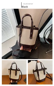 Detailed views of beige canvas bucket bag with contrast brown leather trim and handles