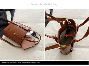 Internal layout of brown PU leather bucket bag showing main zipper pocket and capacity