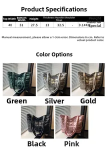 Detailed size specifications for the large capacity glossy quilted tote bag shown in five colors