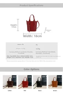 Detailed size and dimension specs for the PU leather bucket bag with four color options