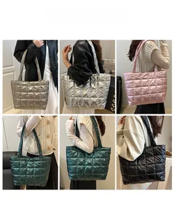 Quilted puffer tote bag in multiple metallic colors featuring square stitching detail
