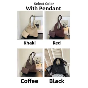 Minimalist large crescent tote bags in khaki, red, brown, and black with matching pouches