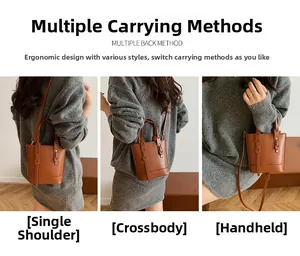 Detail of a brown bucket bag showing handheld, shoulder and crossbody carrying modes