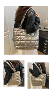 Silver quilted tote bag with metallic gloss and large checkered stitching detail
