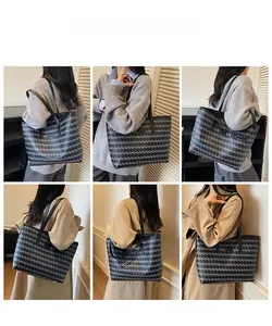 Collage of large capacity printed tote bag worn with casual outfits in multiple angles