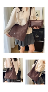 Three-way view of a large brown leather tote bag with a matching inner pouch on a model