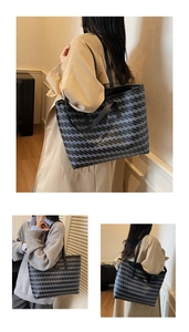 Detailed views of a large geometric print tote bag with slim black shoulder straps