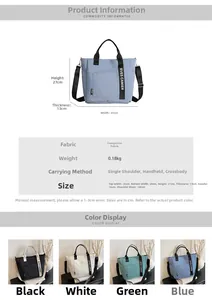 Detailed size chart for a minimalist canvas tote bag with strap and color options