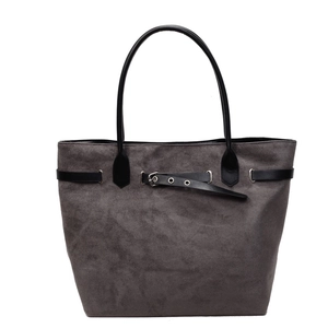 Minimalist large tote bag in dark grey suede with black leather straps and silver buckles