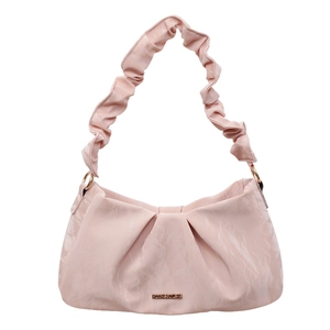 Pink ruched shoulder bag with marble texture and metal logo in minimalist style