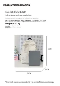 Detailed size guide of white Oxford backpack with adjustable straps and 40cm height