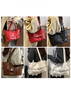 Collage of chic tote bags in red, black, brown and beige with buckle detail