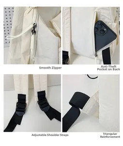 Detail view showing smooth zippers, anti-theft back pocket, and reinforced straps on beige backpack