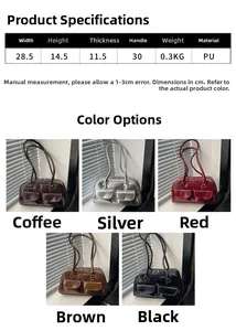 Detailed spec chart of minimalist PU leather shoulder bags in five vintage color options
