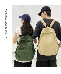 Deep green and khaki large capacity leisure backpacks shown with functional drawstring pockets
