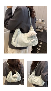Three-angle view of a mint green pleated hobo tote bag with a white plush cloud charm