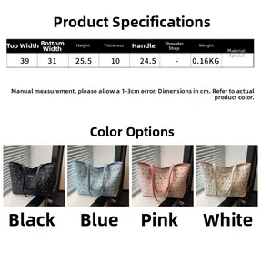Detailed size chart and four color options for the lightweight bow tote bag