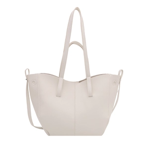 Minimalist cream white bucket tote bag with lychee texture and dual shoulder straps