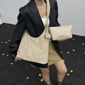 Minimalist beige marble pattern tote bag set with matching inner pouch for women