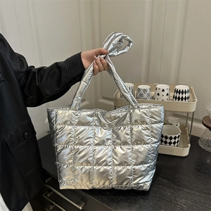 Large Capacity Quilted Puffer Tote Bag Metallic Shiny Fabric Fashion Shoulder Handbag Commuter Casual For Women