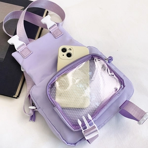 Cute lavender nylon crossbody bag with transparent PVC pocket and adjustable strap